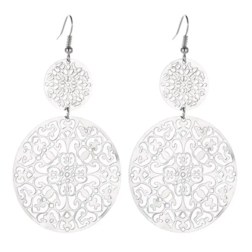 

Women Vintage Hollow Carved Flower Round Long Eardrop Hook Earrings Jewelry Gift Earrings