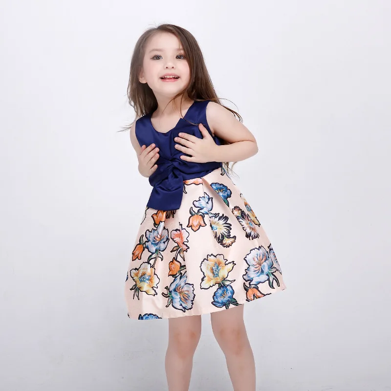 

&E-babe&Wholesale 2016 summer autumn new toddler girls printed flower princess bowknot party dress kids wedding dress