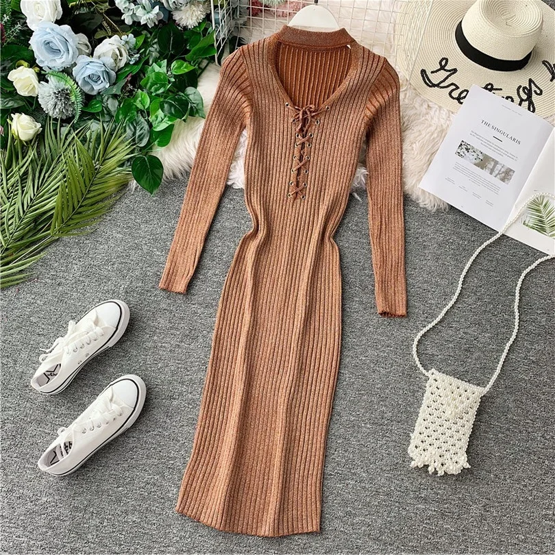 

Taotrees Women Slim Autumn/Winter V-neck Openwork Long-sleeved Knit Dress Medium Long Over-the-Knee Base Dress