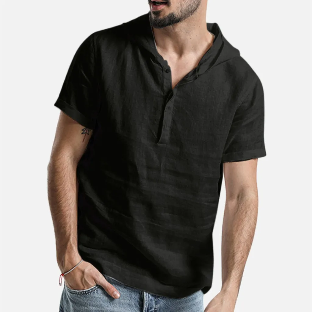 Short Sleeve Shirt Men's Baggy Cotton Linen Soid Color Short Sleeve Hooded T Shirts Tops Blouse