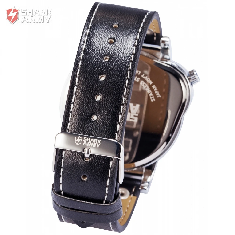 SHARK ARMY Stainless Steel Big Size Dual Time Black Leather Strap Quartz Relogio Masculino Men's Sport Military Watches /SAW053