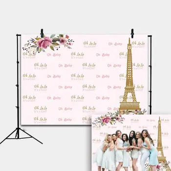 

Paris Eiffel Tower Baby Girl Backdrop Cute Flower Princess Girl Birthday Party Photography Baby ShowerBackground Cake Table Deco