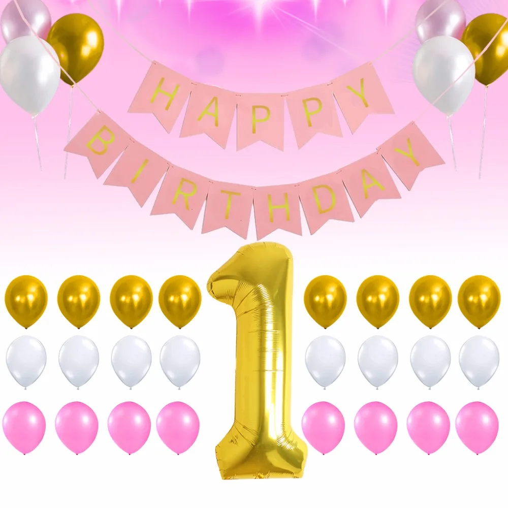 1st Happy Birthday Background Decoration Golden 1 Digital Balloon Pink And Gold And White Balloons Pink