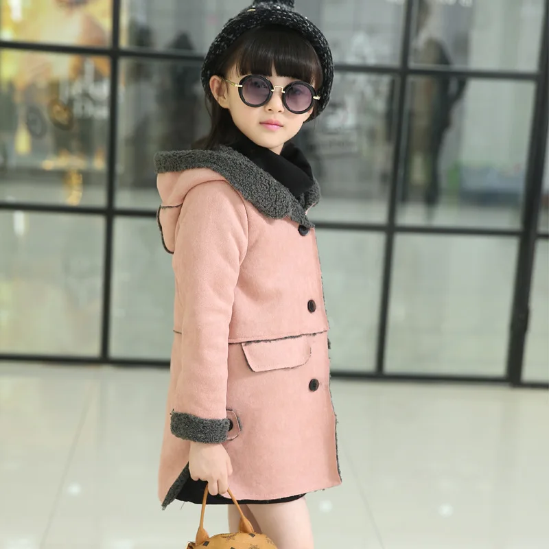 2016 Children Winter Jackets New Girls Long Style Outerwears Baby Warm Faux Suede Jackets Toddler Cotton
