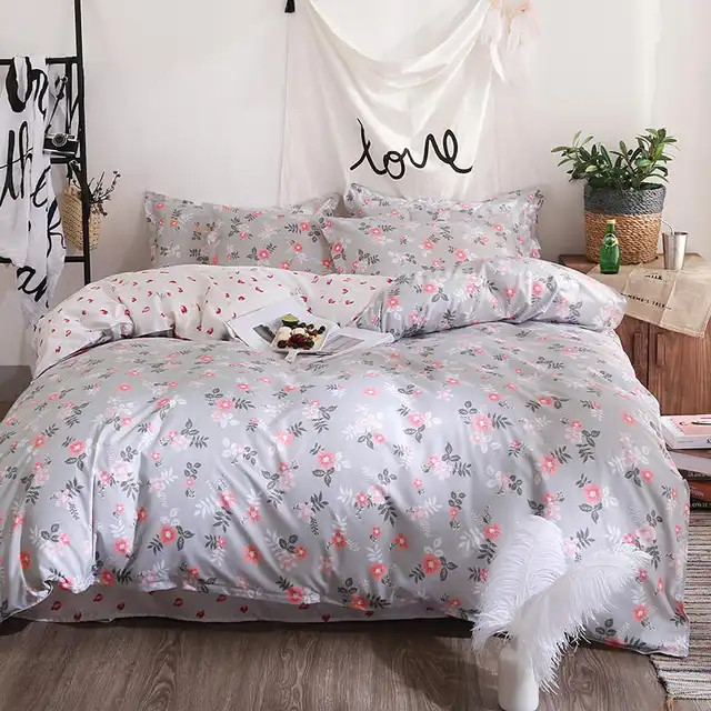 Grey Flower Bed Linen Floral Print Girls Bedding Set Single Size