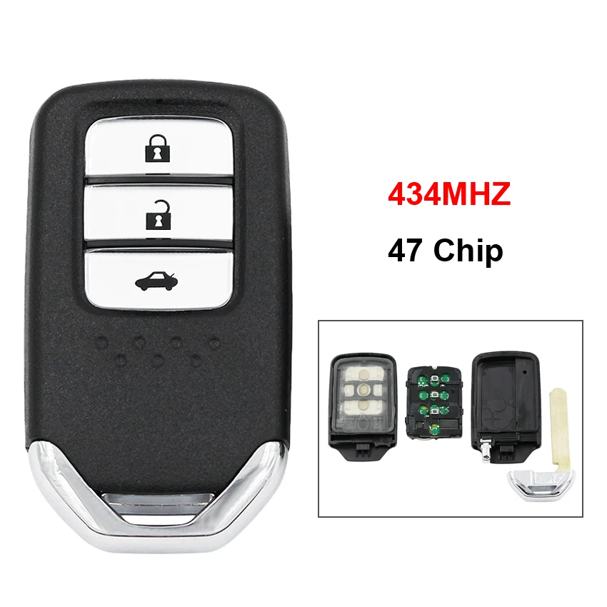

3 Button New Replacement Remote Smart Car Key Fob 434MHz 47 Chip for Honda New City New Civic XR-V Bean Wisdom X-Fit