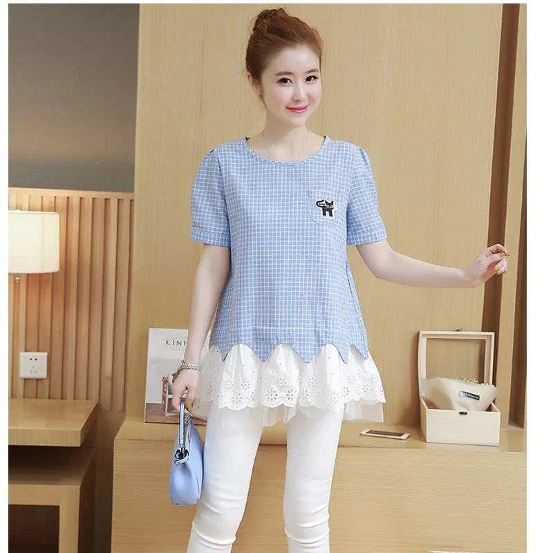 

1823# Sweet Lace Patchwork Plaid Cotton Maternity Tops Summer Elegant Shirts Clothes for Pregnant Women Ties Waist Pregnancy