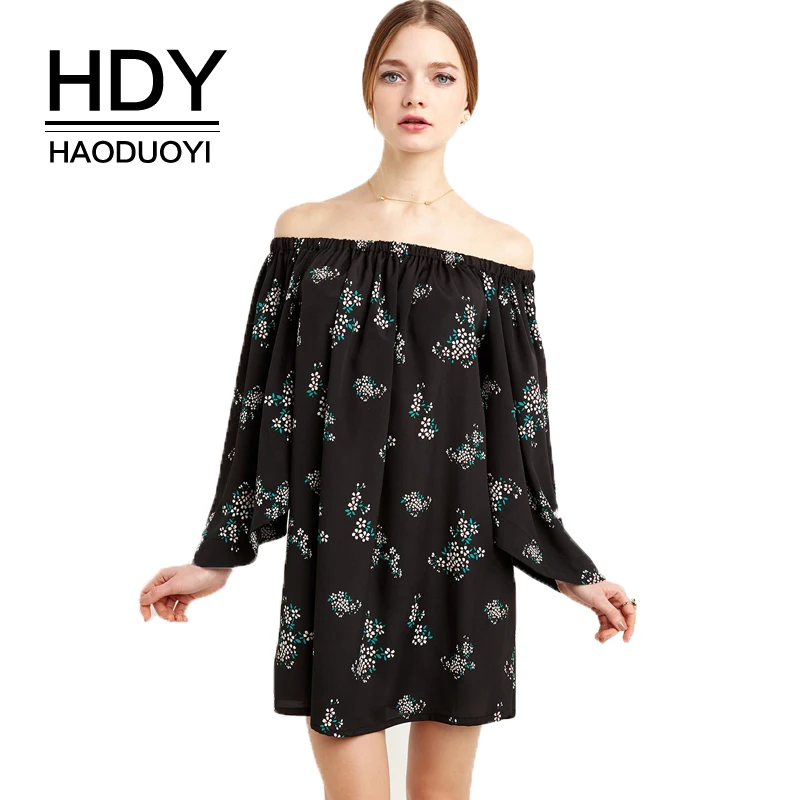 Женское платье с цветочным принтом HDY Haoduoyi черное длинным рукавом и вырезом