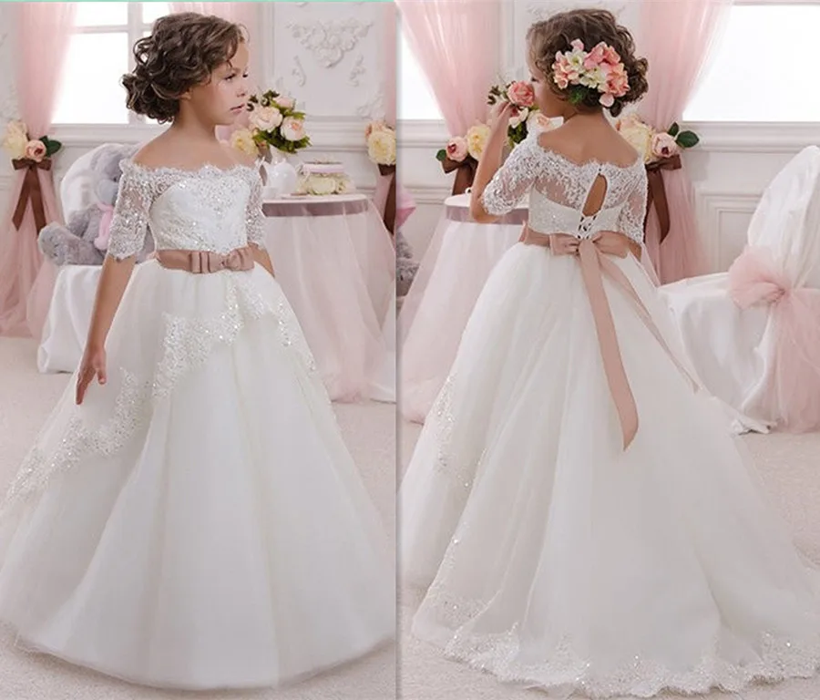 

Elegant Vestido de Primera Girls Communion Gown Off The Shoulder Lace Appliques Key Hole Soft Tulle Ball Gown 2-16 Year Old