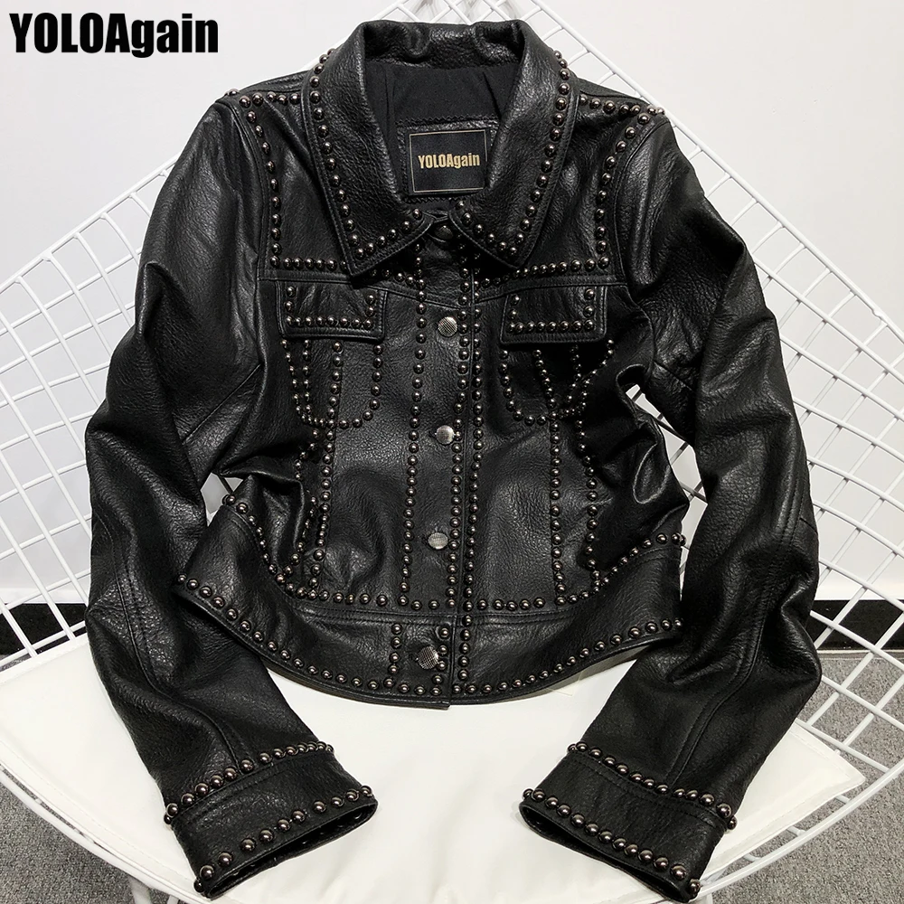 

YOLOAgain Women genuine leather jacket ladies lapel long sleeve single breasted rivet black real sheep leather jacket
