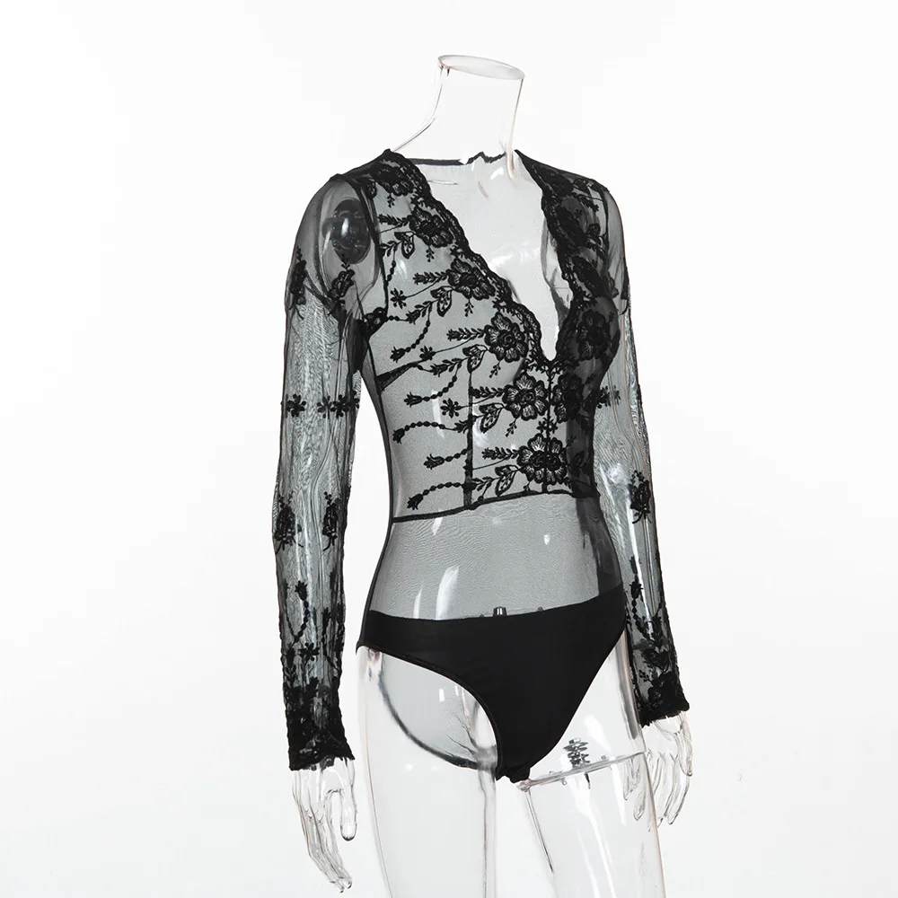 summer lace bodysuit long sleeve mesh women jumpsuit black Romper snap bottom button one piece body ladies