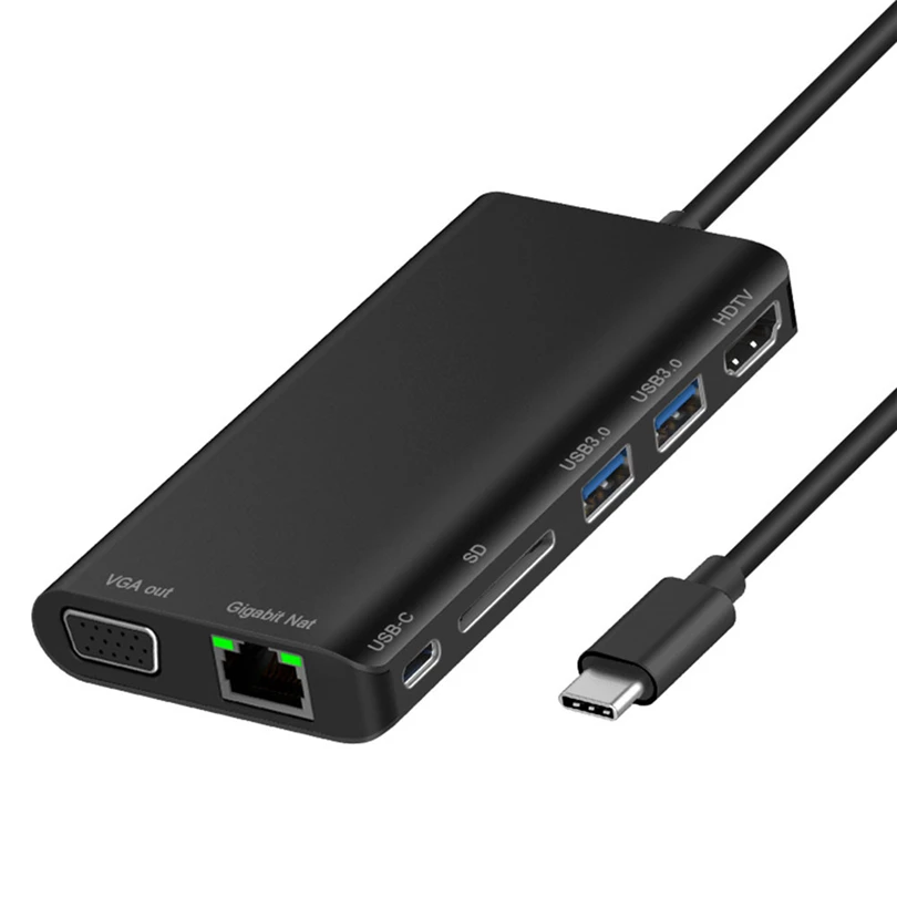 LUMON Алюминий сплава кабель-Переходник USB C на Тип C 8in1 USB HUB 2 Порты и разъёмы USB 3,0+ HDMI 4 K+ VGA+ RJ45+ SD устройство для считывания с tf-карт для Mackbook Tablet A30 - Цвет: Черный