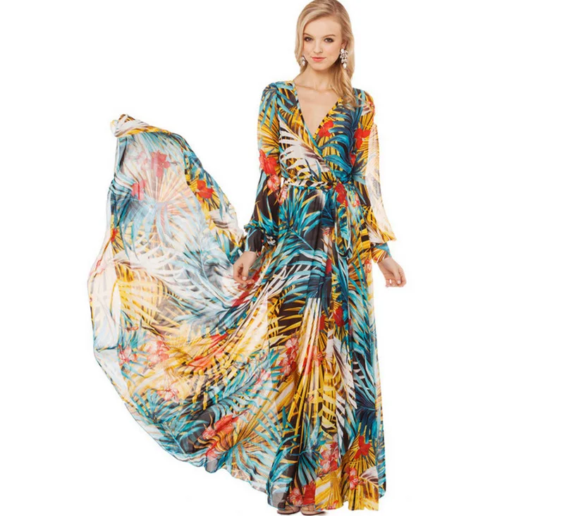 

2018 Jungle Leaf Women Maxi Dress V Neck Chiffon Perfume Dresses Female Longo Vestido Sexy Clothing Beach Long Gowns De Verao