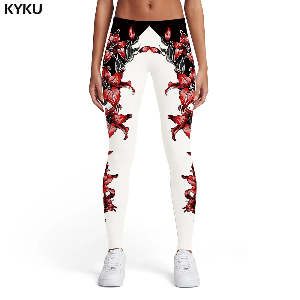 

KYKU Flower Leggings Women Harajuku Printed pants Black And White Sexy Gothic Trousers Art Spandex Womens Leggings Pants