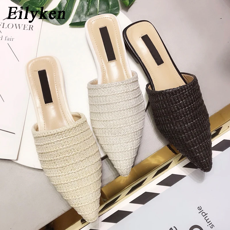 

Eilyken Hemp Women Slippers New 2019 Spring Summer Weave Flat Shoes Woman Mules Shoes Pointed Toe Half Slippers Outside Slides