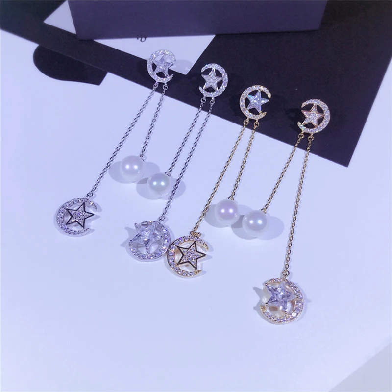 

2018 New S925 Sterling Silver Star zircon fringed pearl earrings Micro studded zircon temperament wild earrings Summer women's