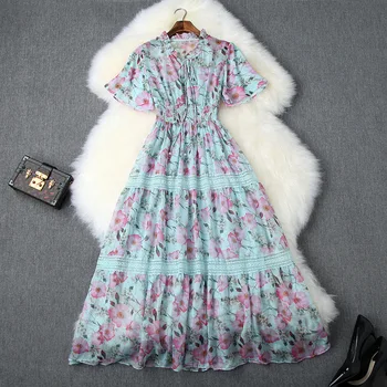 

Chiffon Dress Summer Woman 2019 Stand Collar Short Sleeves Floral Printed Patchwork Lace Elastic Waist Slim Holiday Beach Dress
