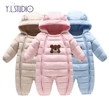 

Winter Jumpsuit Baby Boy Plus Velvet Overalls Little Girl Cartoon Bear Stitch Romper Hooded Jumpsuit Kids Cute Winter Clothes