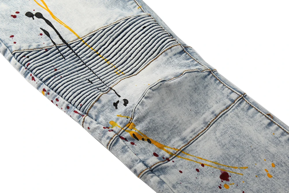 Мужские байкерские джинсы дизайн модные джинсы для Для мужчин в стиле «хип-хоп» с машинами для детей плиссированные обтягивающие джинсы E2042