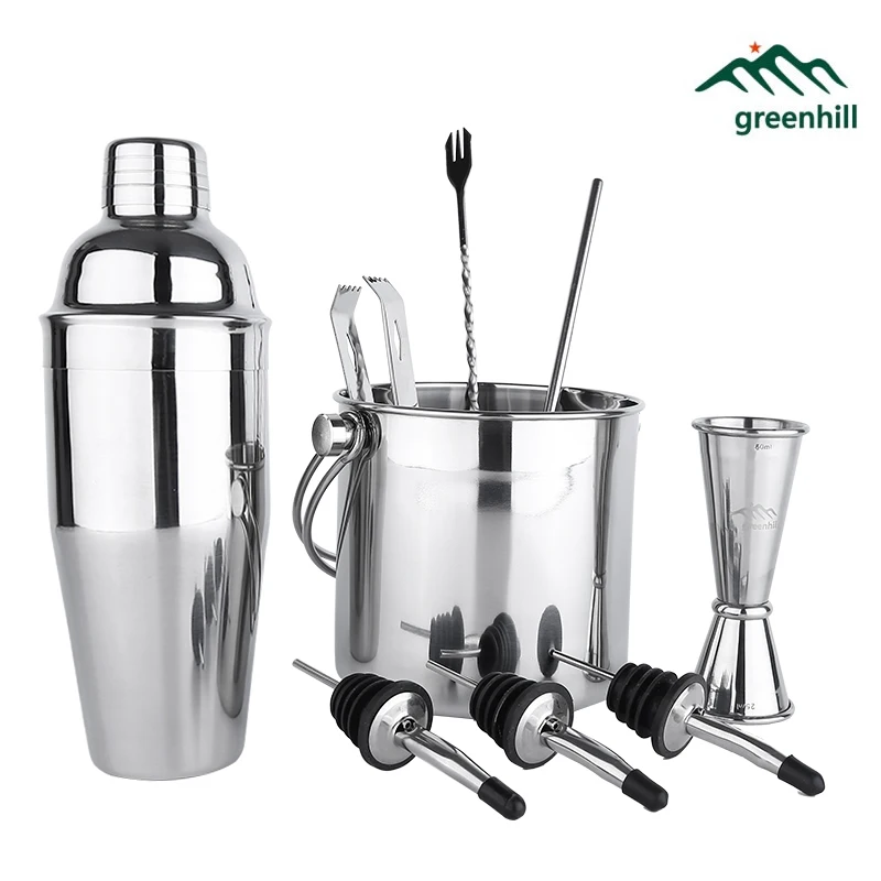 

Greenhill 9 Pieces Barware Set / Cocktail shaker set including 750ml shaker & 3L Ice Bucket / Tong / Jigger / Spoon / Straw