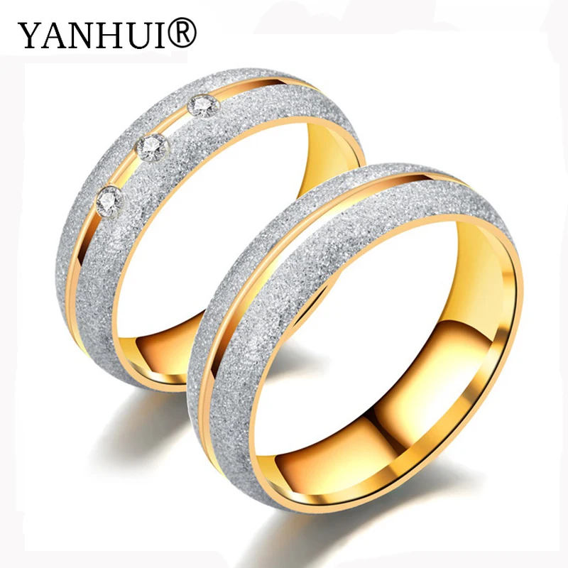 

YANHUI Never Fade Best Gift Couple Scrub Rings Set Pure Gold Color Lovers Rings 316L Stainless Steel Ring Fashion Jewelry DCR151