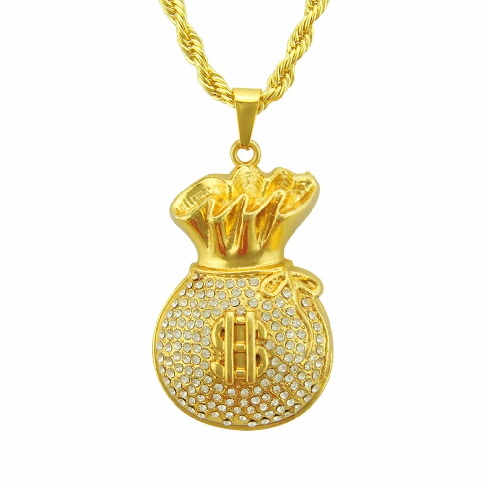 Hip Hop Gold Color Bling Ice Out Full Rhinestones US Dollar Money Bag Pendant Necklaces Men