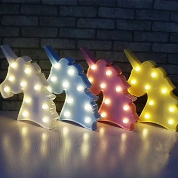 

Kawaii 3D LED Lamp Marquee Unicorn Head Night Lights Plastic Table Lamp Kid Bedroom Bedside Party Home Fairy Light Decor Battery