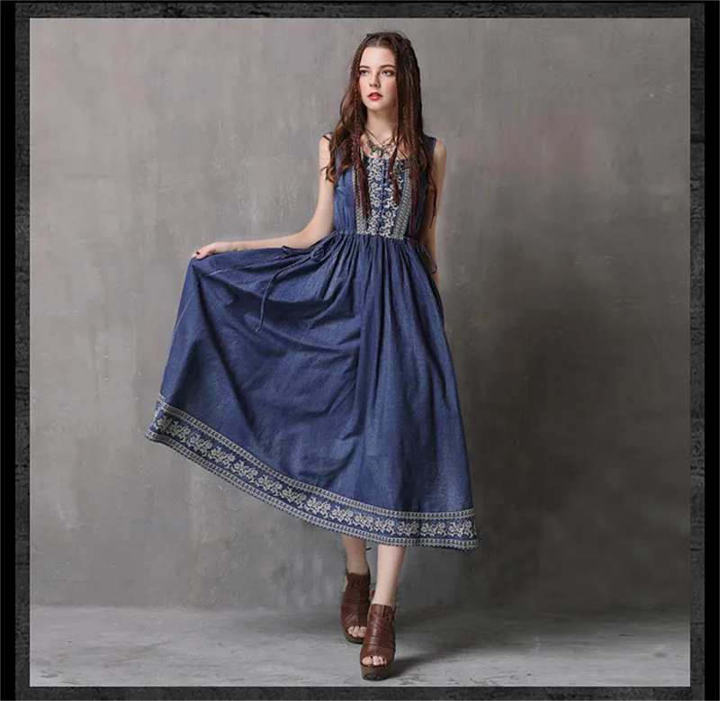 Vintage Summer Dress 2018 Cotton Women denim Dress Embroidery Dress Sleeveless  Tank Dresses O-Neck Floral Vestidos Femininos (7)