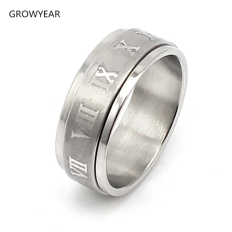 

Silver Color Spin Rings Simple Men Engraved Roman Numerals Design 316 L Stainless Steel Ring Wedding Mens Rings