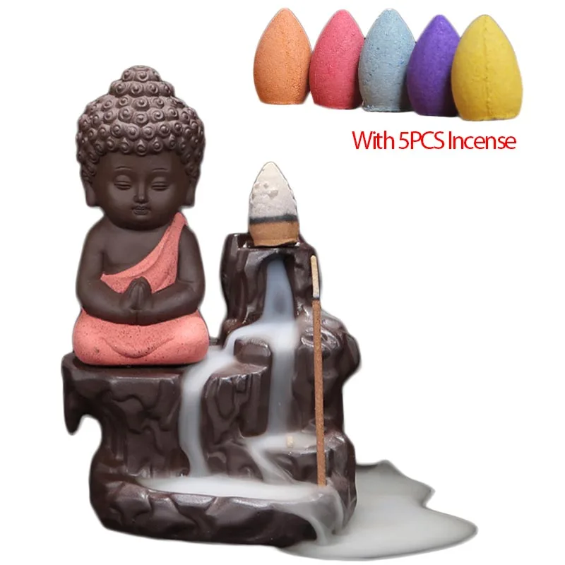 

5PCS Incense + Little Monk Censer Ceramic Yixing Backflow Stick Incense Burner Buddha Purple Clay Pottery Base Teapet Home Decor