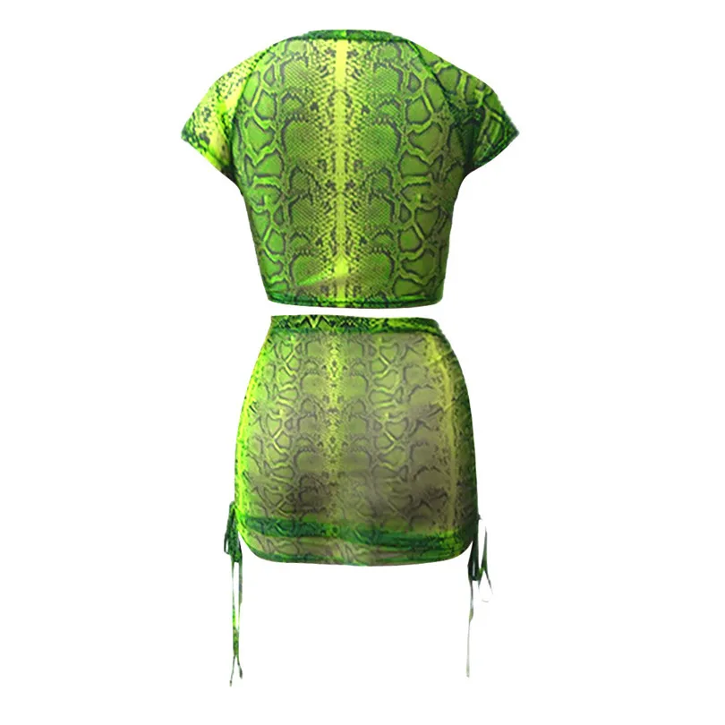 Snakeskin Print Two Piece Set Bandage 2 Piece Set Women Sexy Crop Top and Mini Skirt Suit Clothes Conjuntos De Mujer 40MAY2415