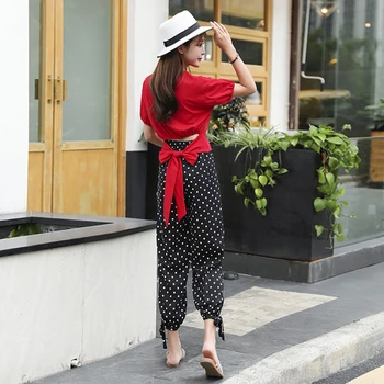 

Summer 2019 Korean Fashion Short Sleeve Shirts Polka Dot Harem Pants Two Piece Set Suit Womens Sportsuit Women Clothes Crop Tops