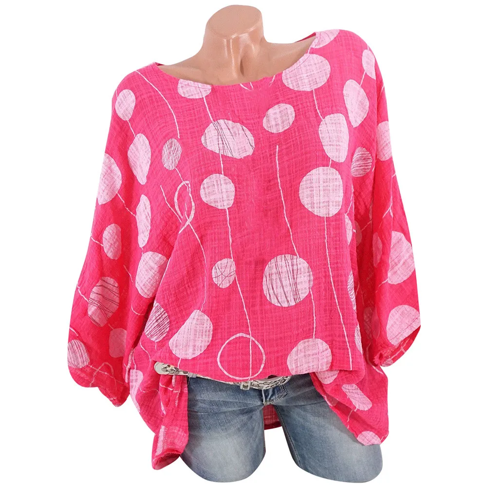 5XL Плюс большой размер женские блузки летние топы размера плюс с длинным рукавом О-образным вырезом в горошек Блузка пуловер Женские топы и блузки#5 - Цвет: Hot Pink