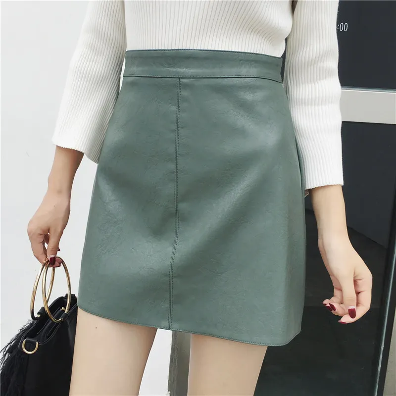 

2018 Women Short Skirt High Waist Pu Leather Bag Hip A Word Skirts Green Black Rice White 7732