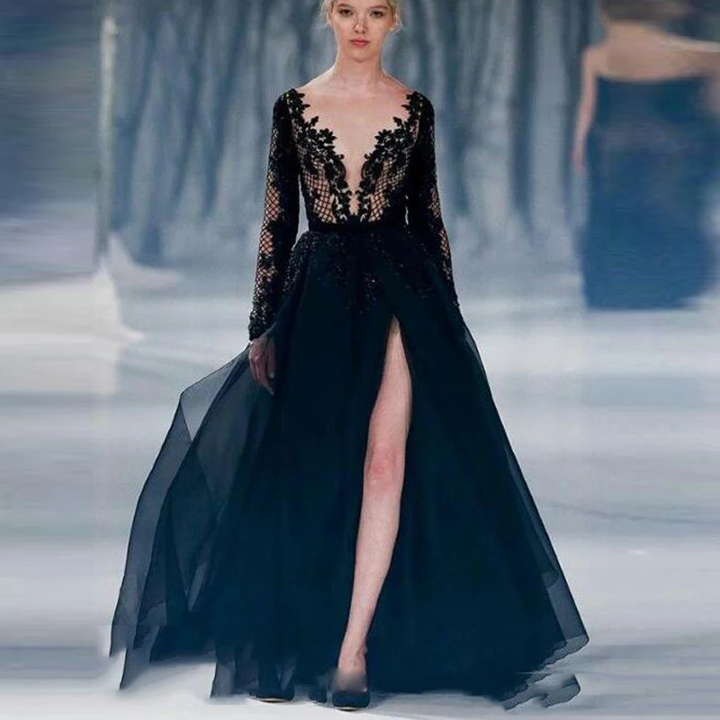 Sexy Deep V Neck Lace Evening Dresses 
