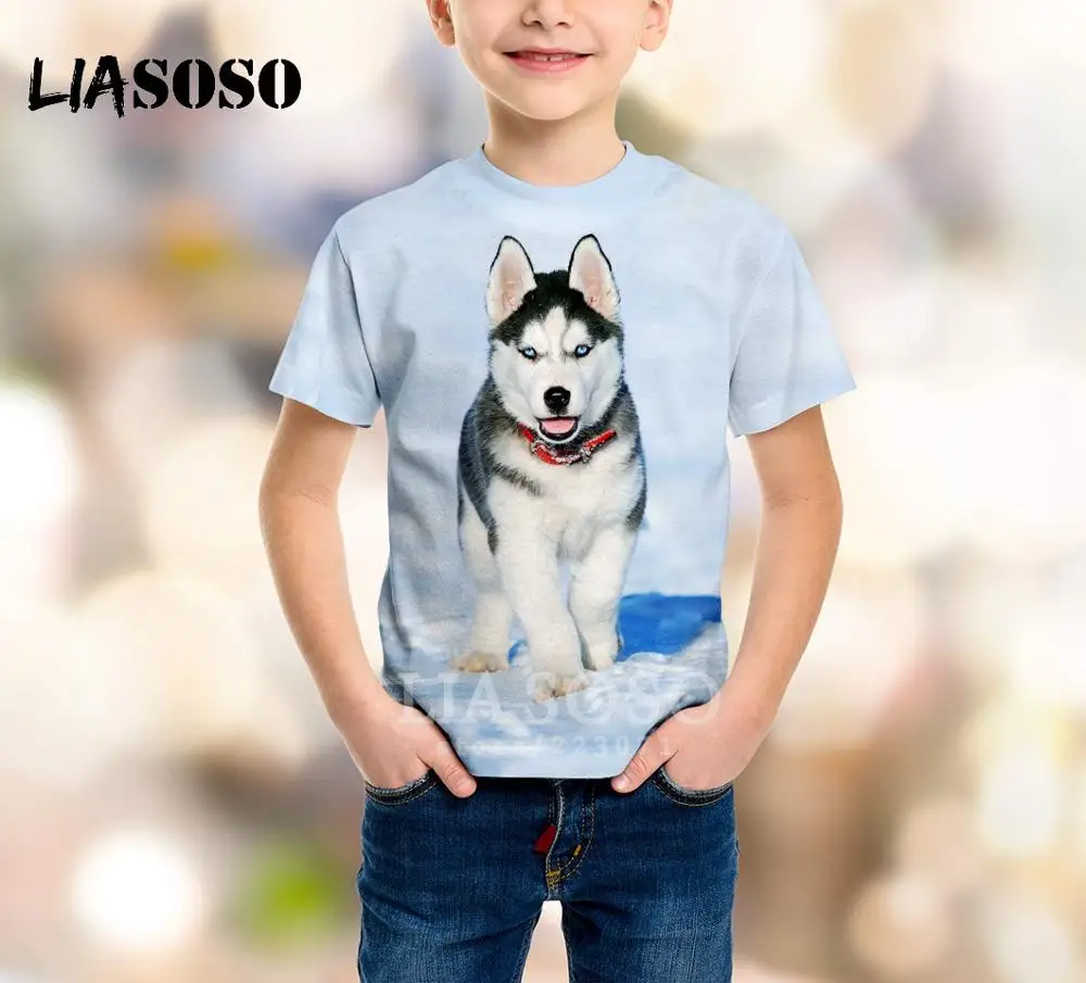 

LIASOSO Children Fashion Sweatshirt 3D Print Animal Dog Siberian Husky T Shirt Boy Girl Short Sleeve Kids Top Baby Pullover A240