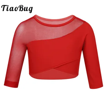 

TiaoBug Children Girls 3/4 Sleeves Stretchy Breathable Asymmetrical Ballet Gymnastics Crop Tops Kids Teens Gym Sports Dance Wear