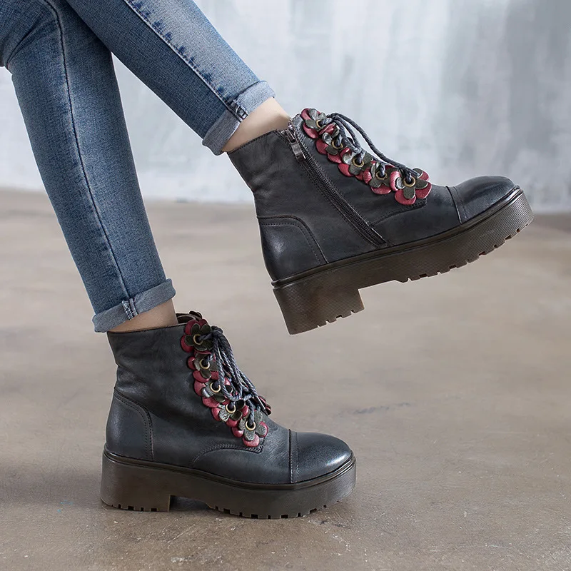 2018 Botas Lace Femeninos Up Brown Zapatos Mujer Martin Genuino E Cuero Grueso Invierno grey De Otoño Tacón Retro Botines vqwrgYHnv