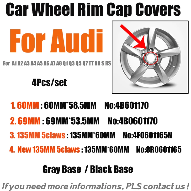 

4PCS ABS Original Car Wheel Center Hub Caps Auto Wheel Rim Caps 60mm 69mm 135mm 5claws For Audi A3 A4 A5 A6 A7 A8 Q5 R8 S4 S5