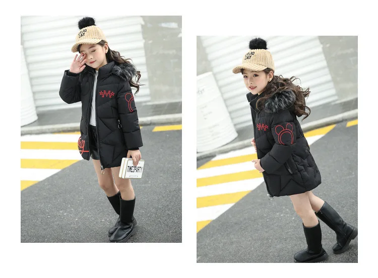 Зимняя куртка для детей до-20 градусов Одежда для девочек верхняя одежда с хлопковой подкладкой Детские теплые длинные пуховые пальто с меховым воротником и капюшоном, TZ376