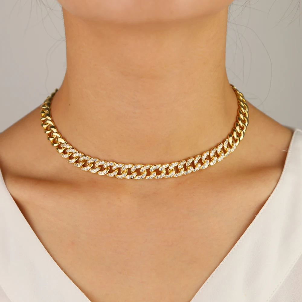 38 см позолоченные микро pave cz хип-хоп bling кубинские звенья цепи ожерелье для женщин iced out ювелирные изделия