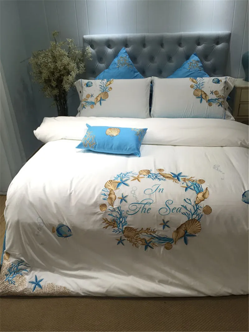 

4/7pcs Egyptian cotton Beautiful shells Embroidery luxury bedding sets queen king size duvet cover bed sheet set,bed set bed lin