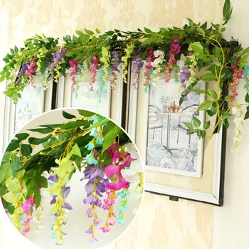 

2M Long Artificial Wisteria Flowers String Silk Fake Flowers Rattan Vine Hanging Garland Leaf Ivy DIY Wedding Home Decoration