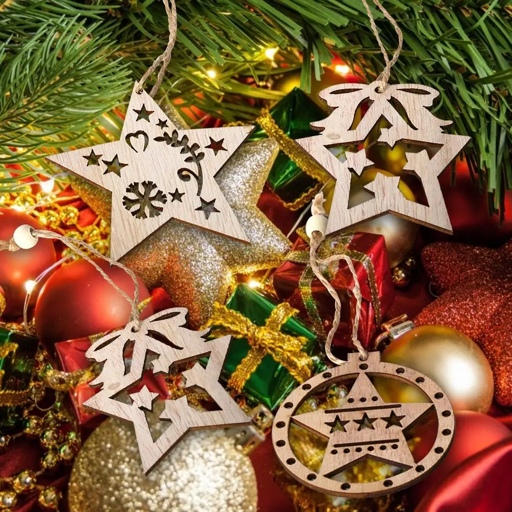 

3PCS DIY Natural Wooden Chip Christmas Tree Hanging Ornaments Pendant Kids Gifts Star Shape Xmas Ornaments Decorations