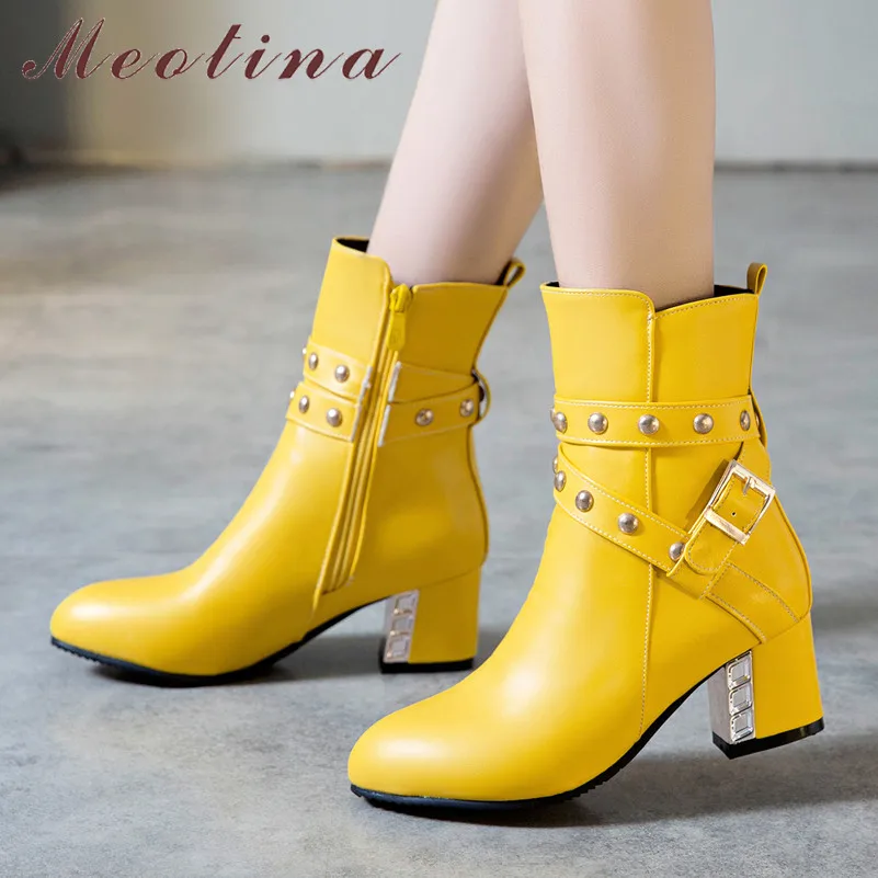 

Meotina Winter Ankle Boots Women Boots Buckle Square High Heels Short Boots Zipper Pointed Toe Shoes Lady Autumn Large Size 3-12