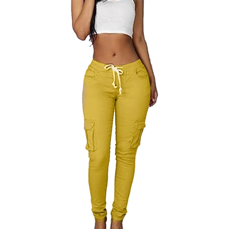 LASPERAL весенние повседневные женские брюки со шнуровкой на талии, одноцветные узкие брюки с несколькими карманами размера плюс, прямые облегающие брюки - Цвет: Yellow
