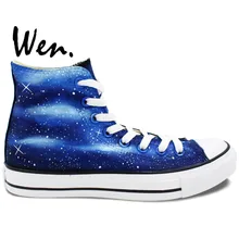 Вэнь оригинальная обувь дизайн ручной росписи на заказ синий Galaxy Starlight высокие мужские женские парусиновые кроссовки на день рождения подарки