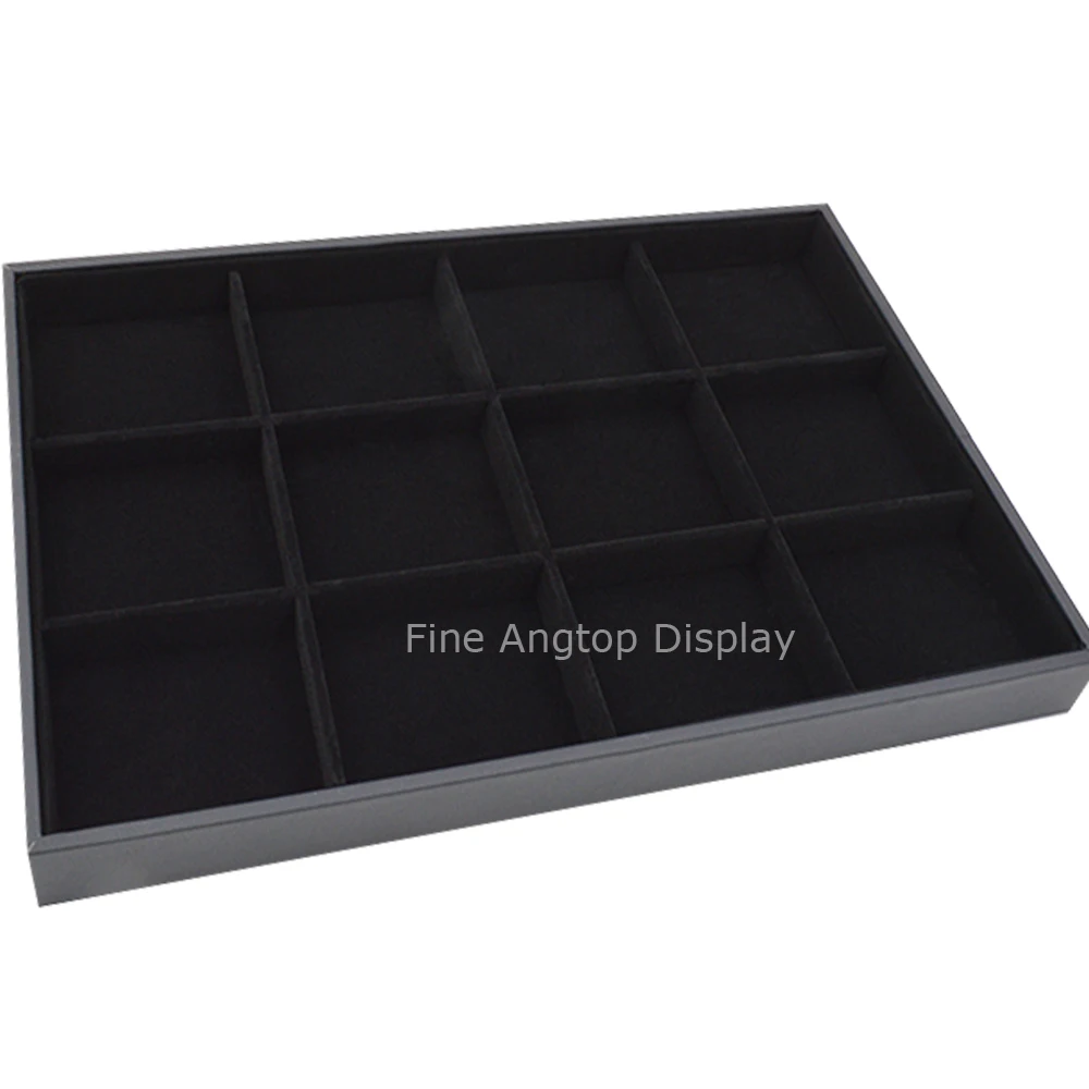 Black Jewelry Display Tray 12 Grids Storage Show Case Velvet Jewelry Ring Earring Bracelet Organizer Box with 12 Compartments