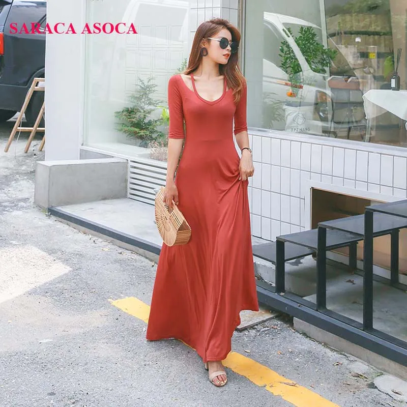 

Spring Autumn Half Sleeve Floor-Length Long Dress For Girls V-Neck High Waist Elastic Fabric Bohemian Dresses Women