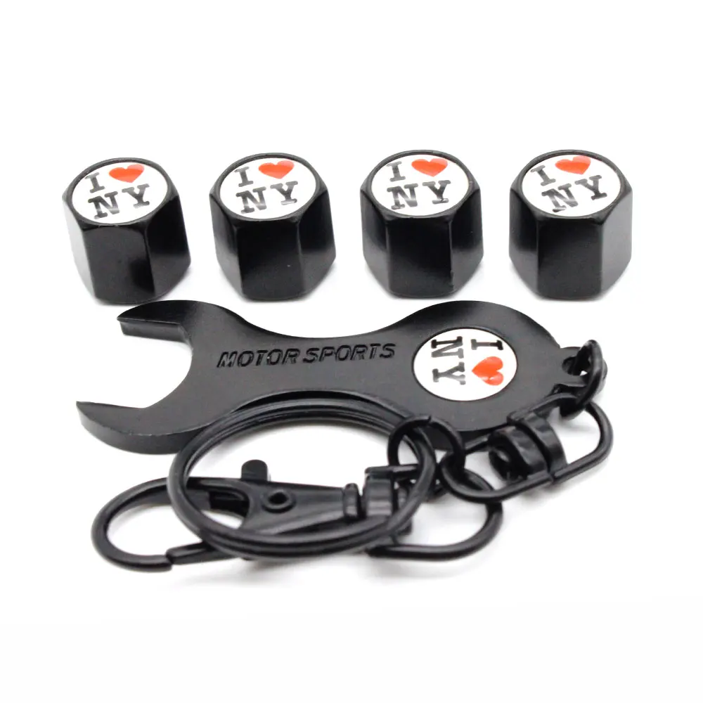 

5Pcs/Set I Love New York Style Anti-theft Emblem Auto Car Wheel Tire Air Valve Caps With Wrench Keychain Zinc Alloy Stem Dust Co
